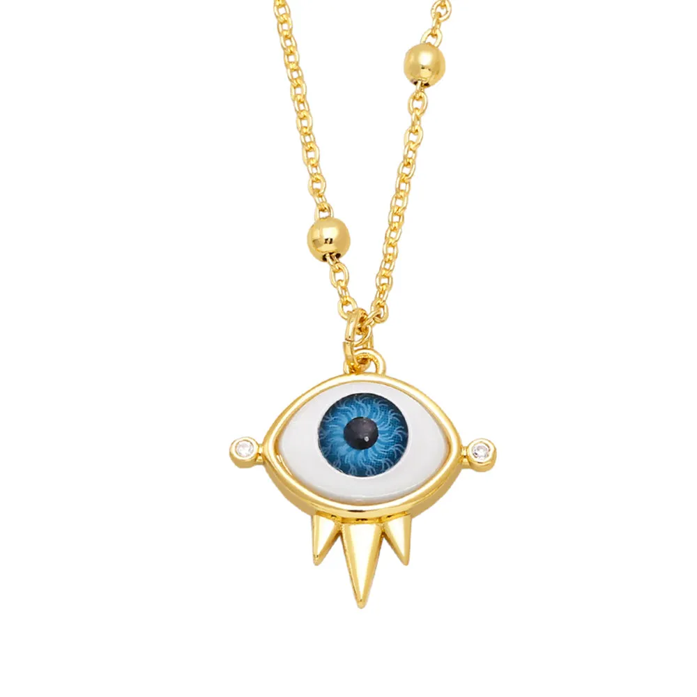 Exquisite Resin Blue Evil Eye Necklaces for Women Copper CZ Rhinestone Round Greek Eye Necklace