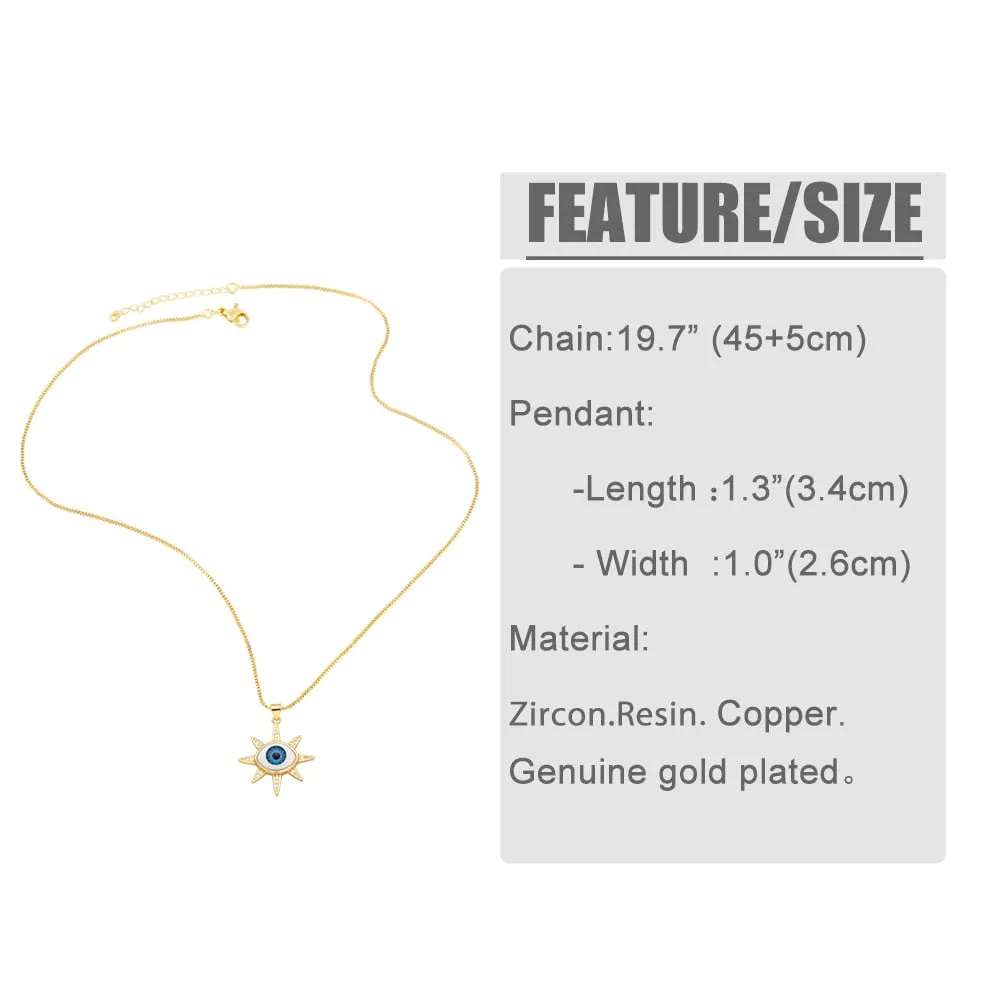 Exquisite Resin Blue Evil Eye Necklaces for Women Copper CZ Rhinestone Round Greek Eye Necklace