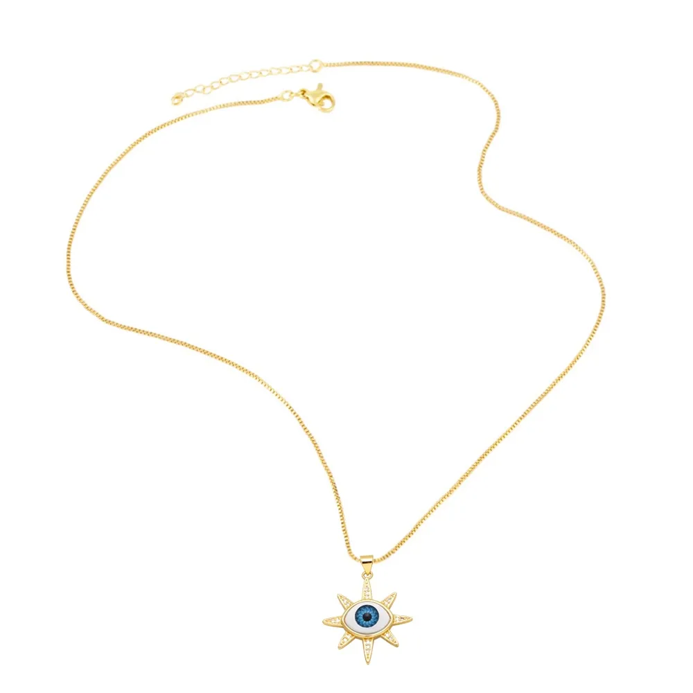 Exquisite Resin Blue Evil Eye Necklaces for Women Copper CZ Rhinestone Round Greek Eye Necklace
