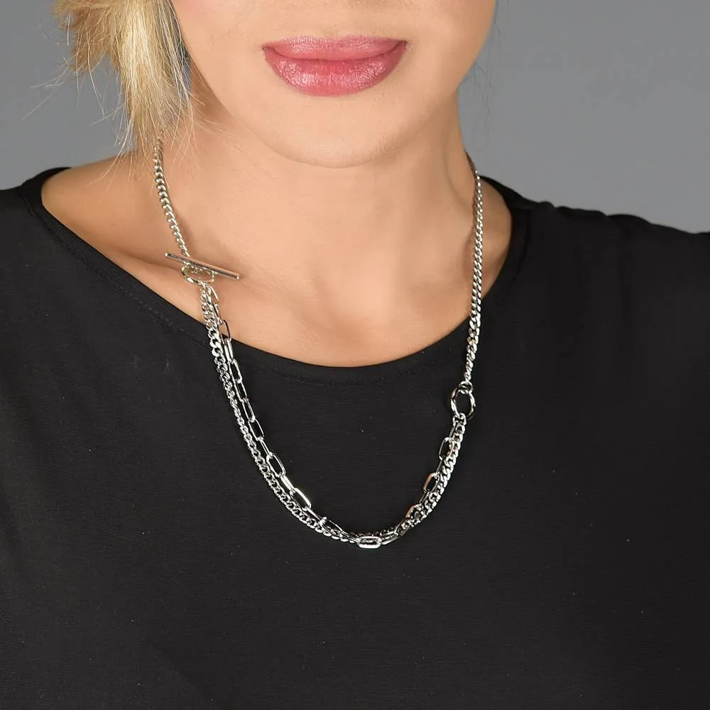Fabulous Double Strand Toggle Chain Necklace-Silvertone