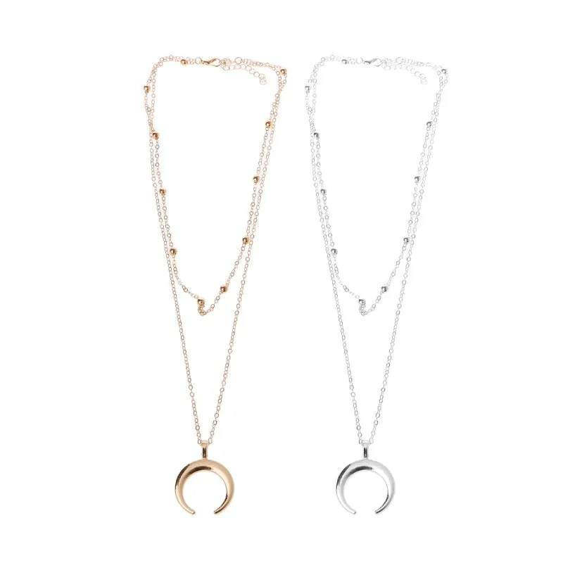 Fashion Trendy Boho Half Moon Crescent Alloy Necklace For Women Double Horn Pendant Necklace Choker Jewelry Gift Wholesale