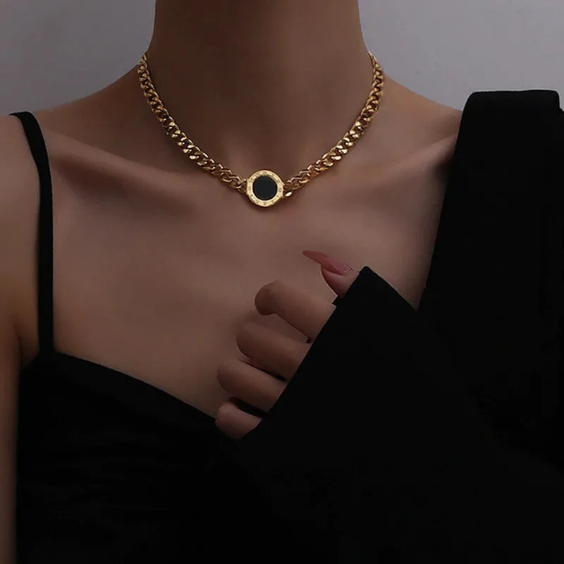 Fashion Upscale Thick Chain with Roman Numeral Pendant Choker Necklaces