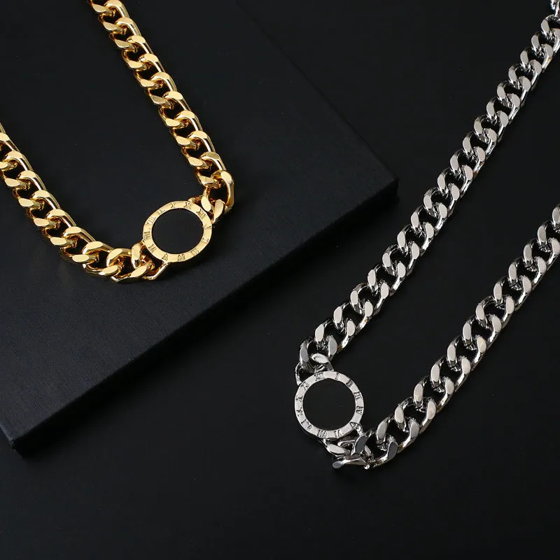 Fashion Upscale Thick Chain with Roman Numeral Pendant Choker Necklaces