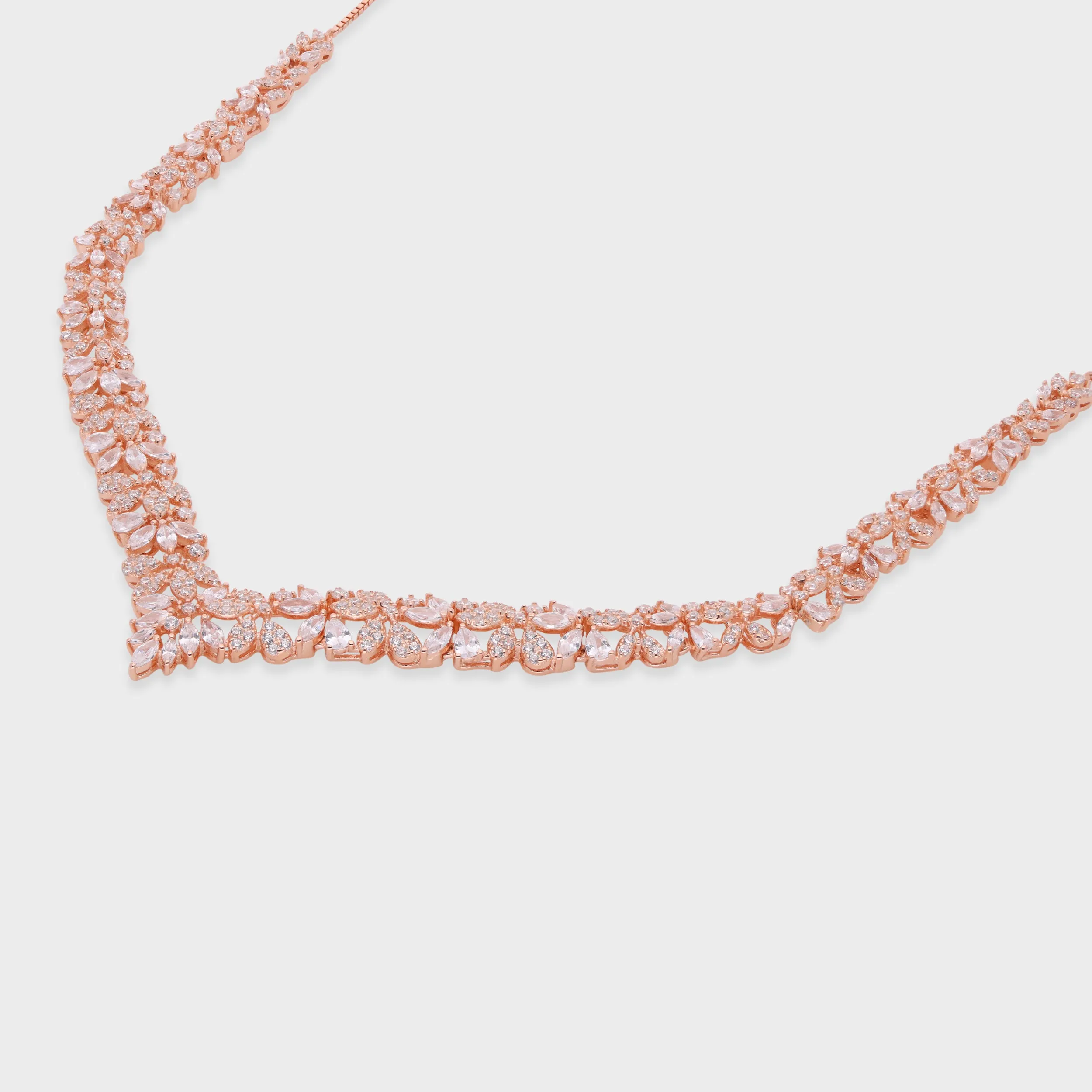 Floral Vine V-Shape Necklace in White and Rose Gold Finish | SKU : 0021188862, 0021188848