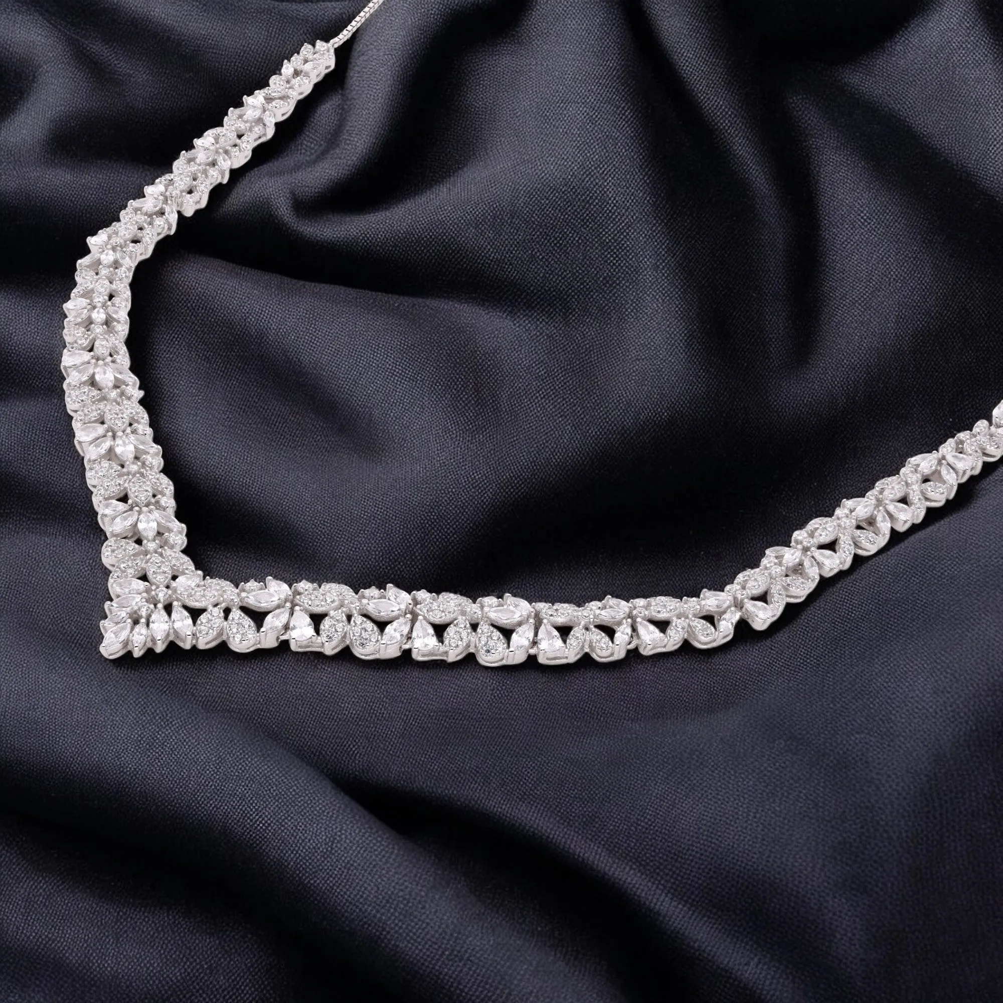 Floral Vine V-Shape Necklace in White and Rose Gold Finish | SKU : 0021188862, 0021188848