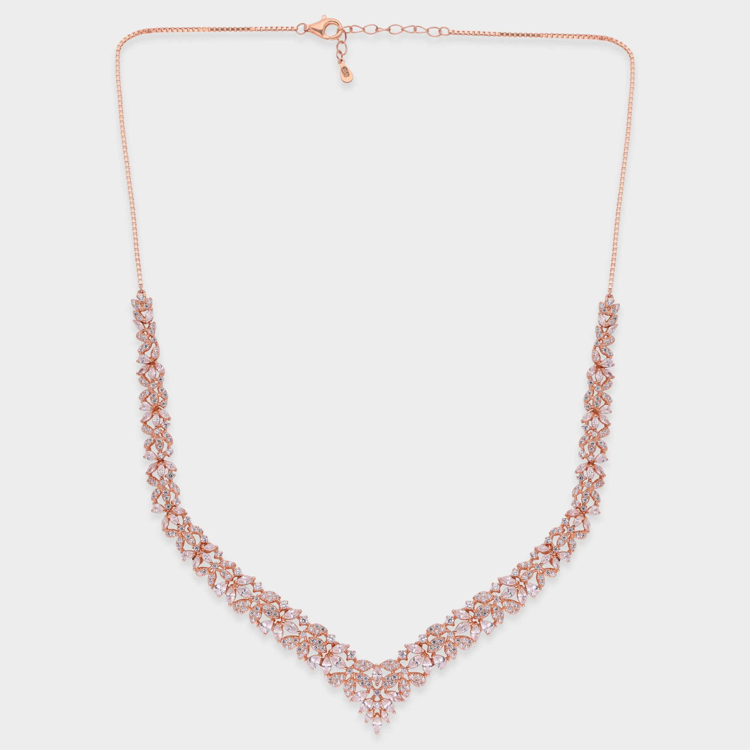 Floral Vine V-Shape Necklace in White and Rose Gold Finish | SKU : 0021188862, 0021188848