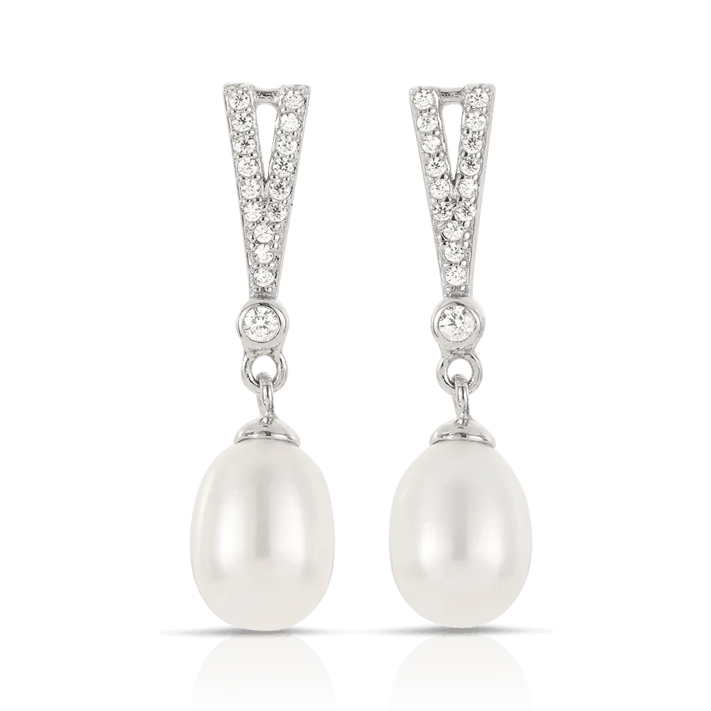 Freshwater Pearl and Cubic Zirconia Drop Earrings in Sterling Silver