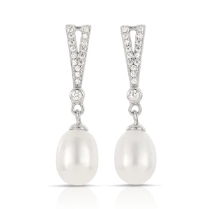Freshwater Pearl and Cubic Zirconia Drop Earrings in Sterling Silver