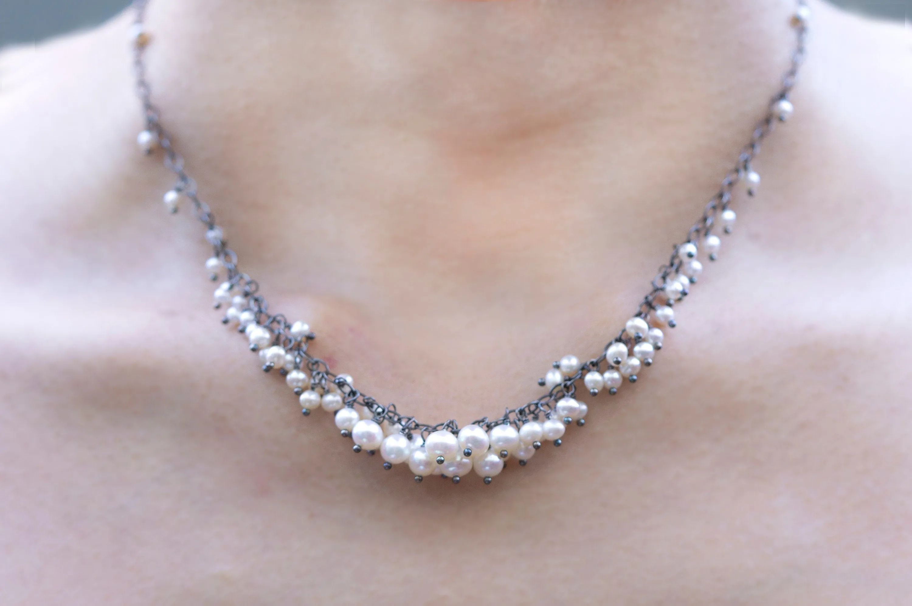 Freshwater pearl silver cluster necklace