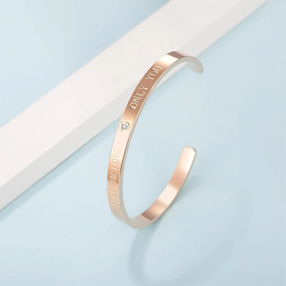 Genuine Single Diamond Set Forever Love Cuff Bangle Rose Gold Titanium