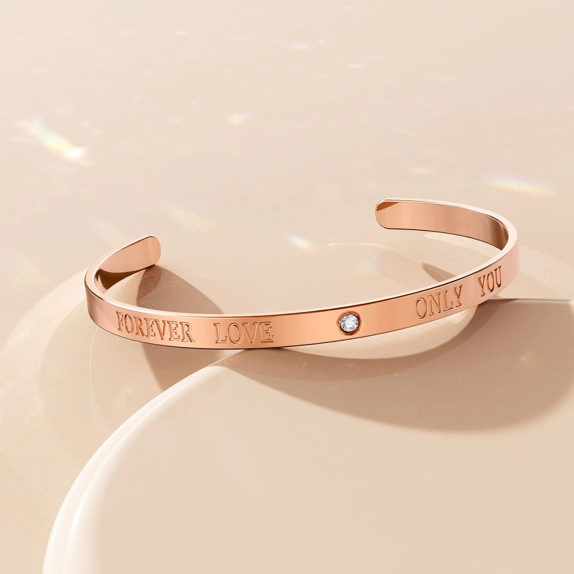 Genuine Single Diamond Set Forever Love Cuff Bangle Rose Gold Titanium