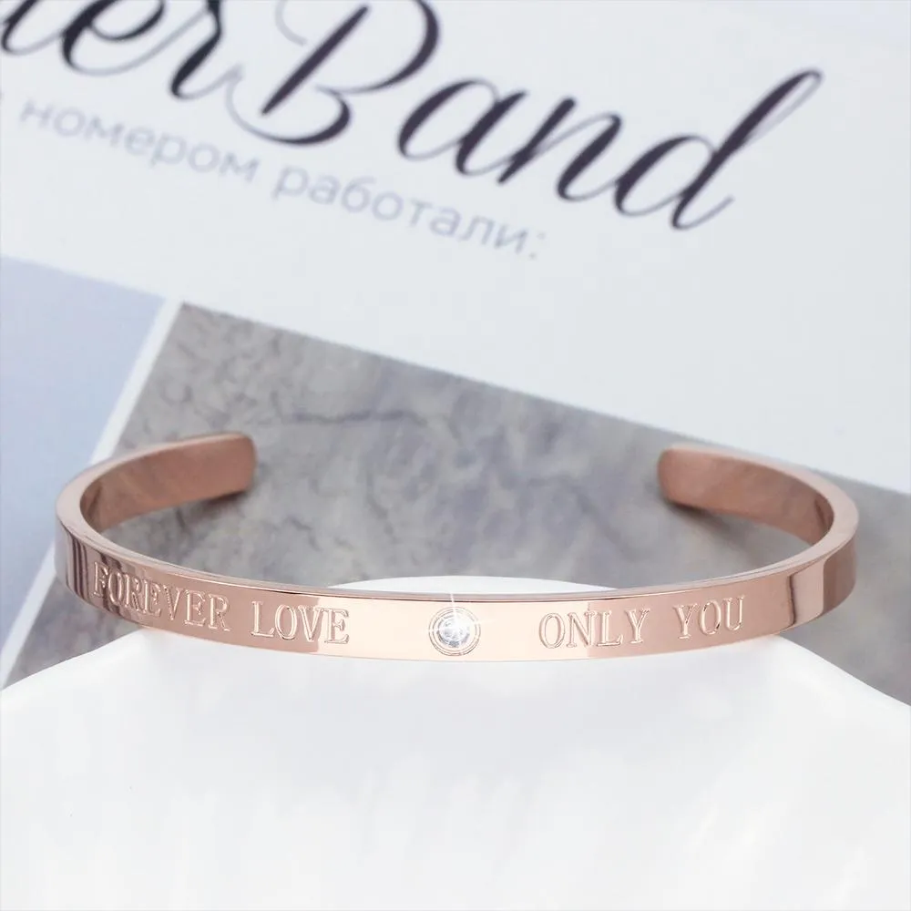 Genuine Single Diamond Set Forever Love Cuff Bangle Rose Gold Titanium