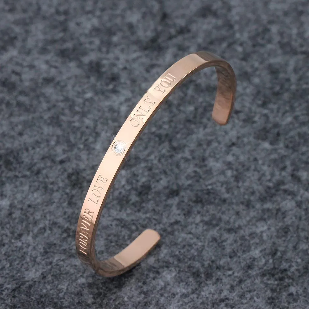 Genuine Single Diamond Set Forever Love Cuff Bangle Rose Gold Titanium
