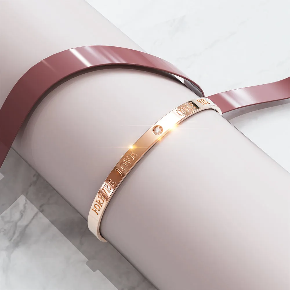 Genuine Single Diamond Set Forever Love Cuff Bangle Rose Gold Titanium