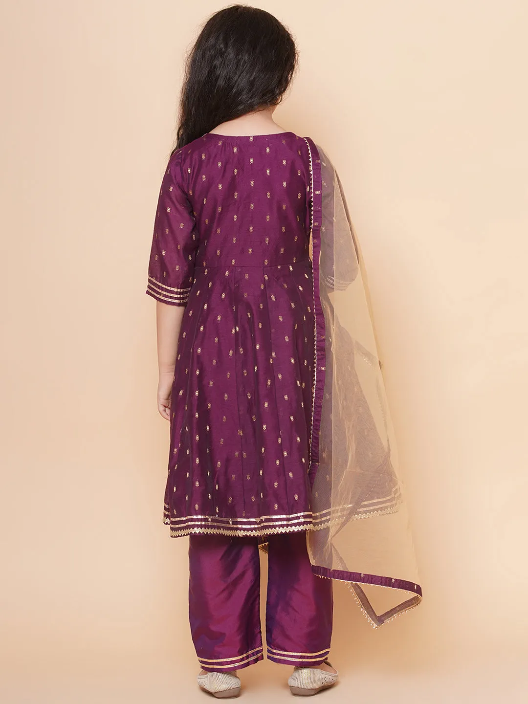 Girl Purple Anarkali Gotta Patti Kurta & Trousers set With Dupatta