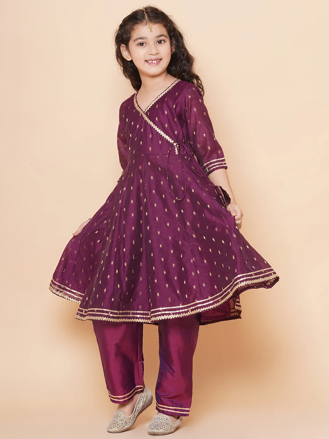 Girl Purple Anarkali Gotta Patti Kurta & Trousers set With Dupatta