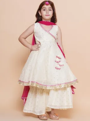 Girl White Ethnic Anarkali Gotta Patti Kurta & Trousers set With Dupatta Dress