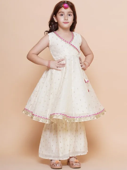 Girl White Ethnic Anarkali Gotta Patti Kurta & Trousers set With Dupatta Dress