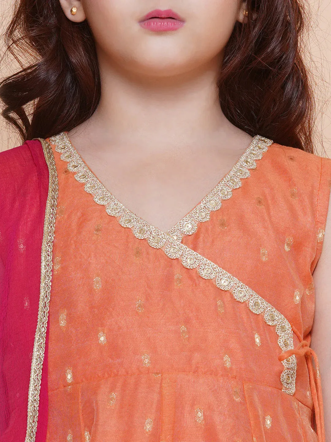 Girls Cute Peach Orange Ethnic and Traditional Kurta & Pajama, Dupatta Dress