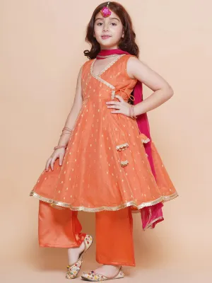 Girls Cute Peach Orange Ethnic and Traditional Kurta & Pajama, Dupatta Dress