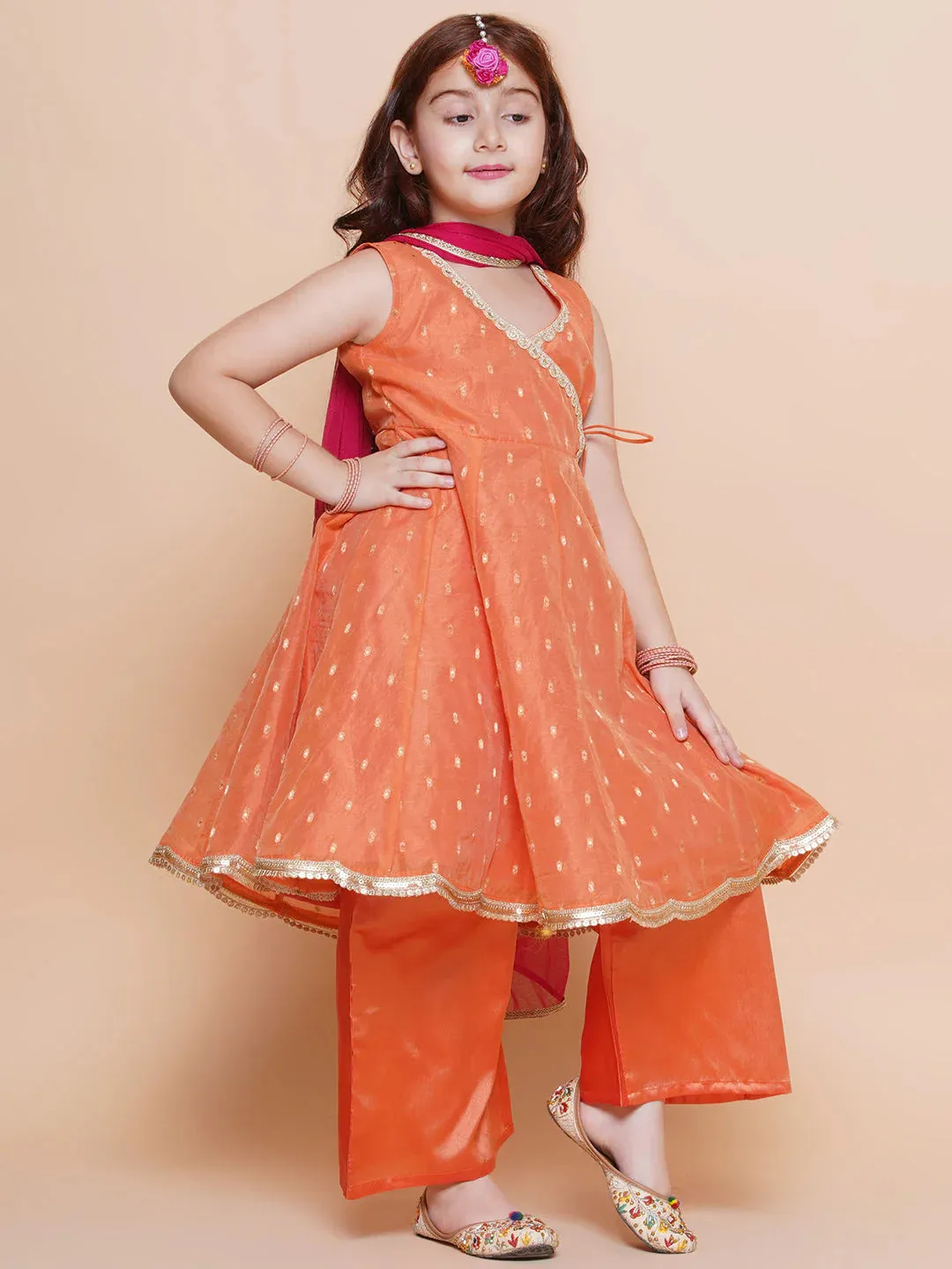 Girls Cute Peach Orange Ethnic and Traditional Kurta & Pajama, Dupatta Dress