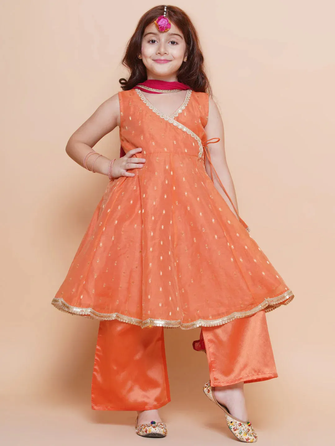 Girls Cute Peach Orange Ethnic and Traditional Kurta & Pajama, Dupatta Dress