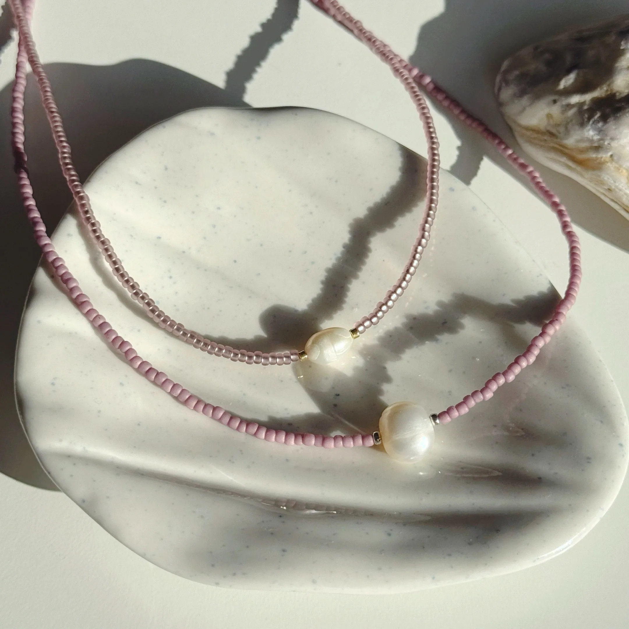 Glass bead necklaces with genuine freshwater pearls