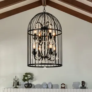 Glowlings 8-Light Vintage 18"Wide Black Lantern Bird Cage Pendant Light with Crystal Accents