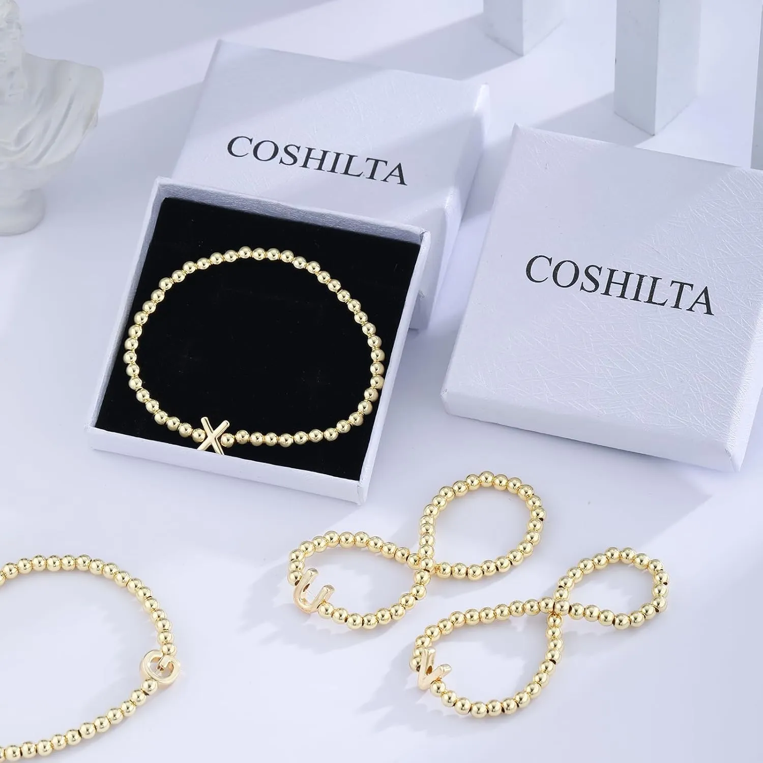Gold Beaded Bracelets for Women, 14K Gold Plated C Initial Bracelets Trendy Strand Stretch Bracelet Dainty Gold Letter Bracelet for Women Jewelry Gifts