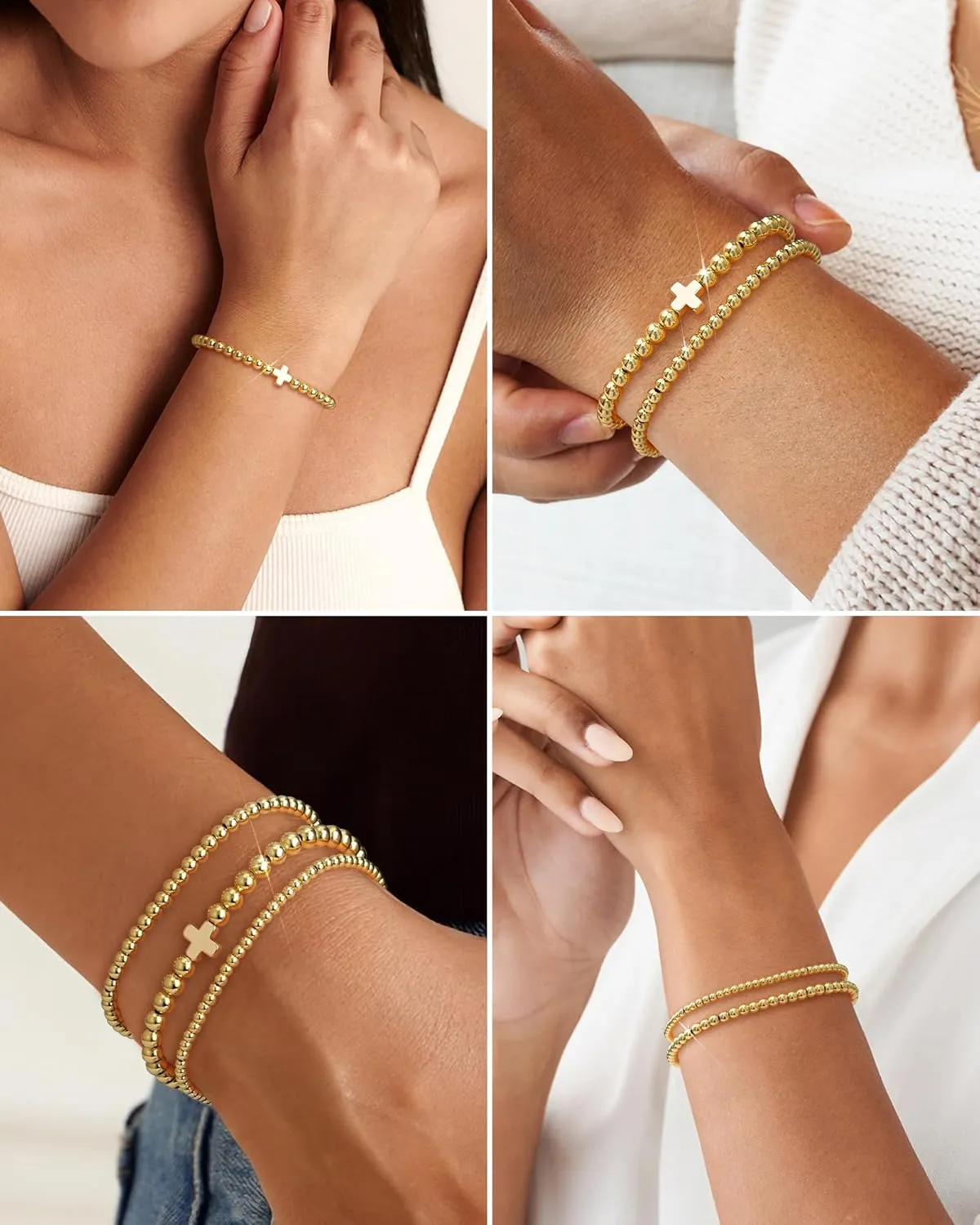 Gold Bracelets for Women - 18K Gold Beaded Bracelets Stack Strand Bead Ball Bracelet No Tarnish Stackable Jewelry Set for Mother's Day Christmas Birthday 6.8" | 7.25"