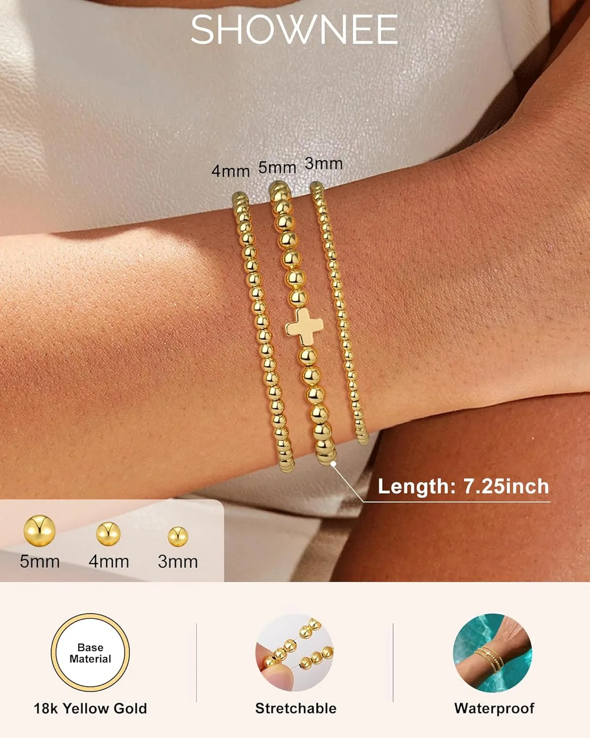 Gold Bracelets for Women - 18K Gold Beaded Bracelets Stack Strand Bead Ball Bracelet No Tarnish Stackable Jewelry Set for Mother's Day Christmas Birthday 6.8" | 7.25"