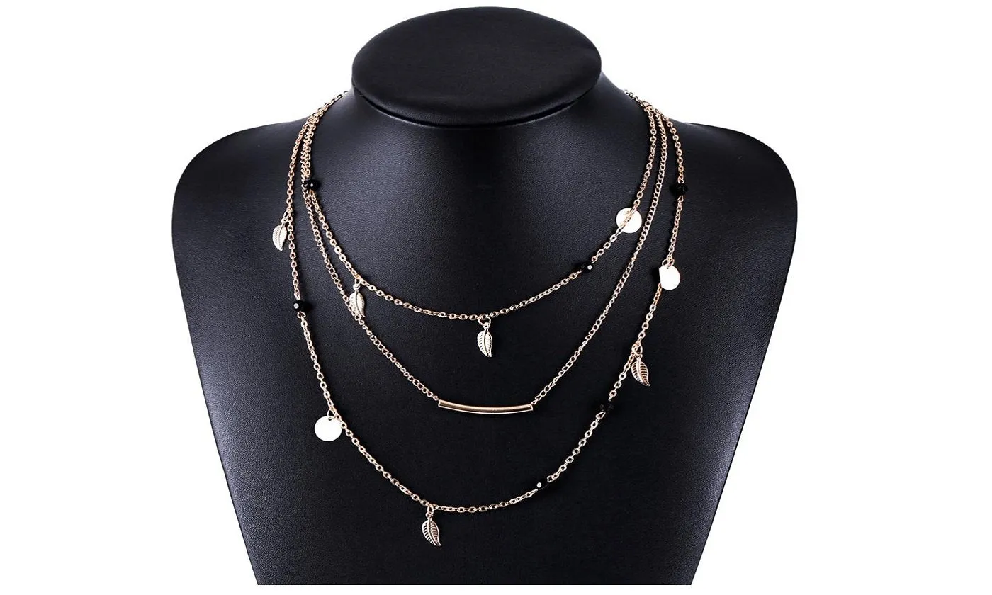 Gold Chain Beads Leaves Pendant Necklace