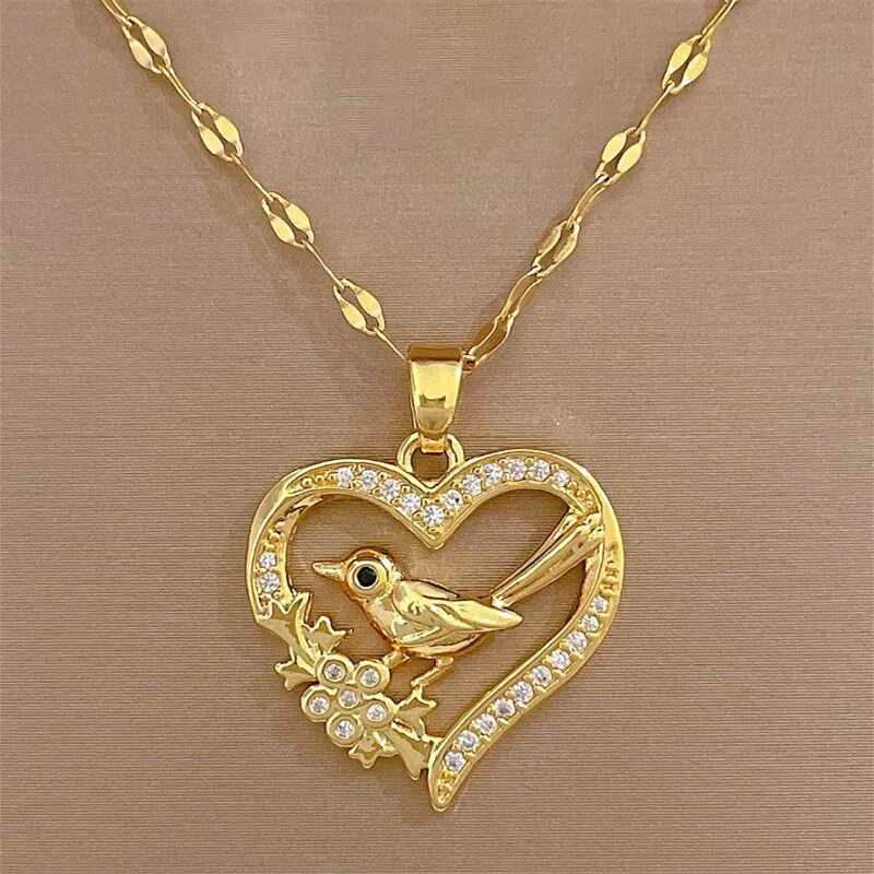 Gold Color Hollow Heart Birdie Animal Pendant Necklace Temperament For Women