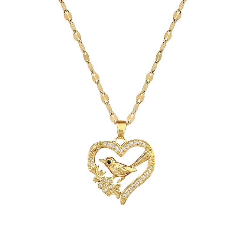 Gold Color Hollow Heart Birdie Animal Pendant Necklace Temperament For Women