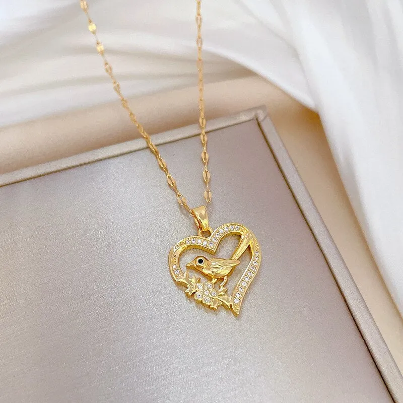 Gold Color Hollow Heart Birdie Animal Pendant Necklace Temperament For Women