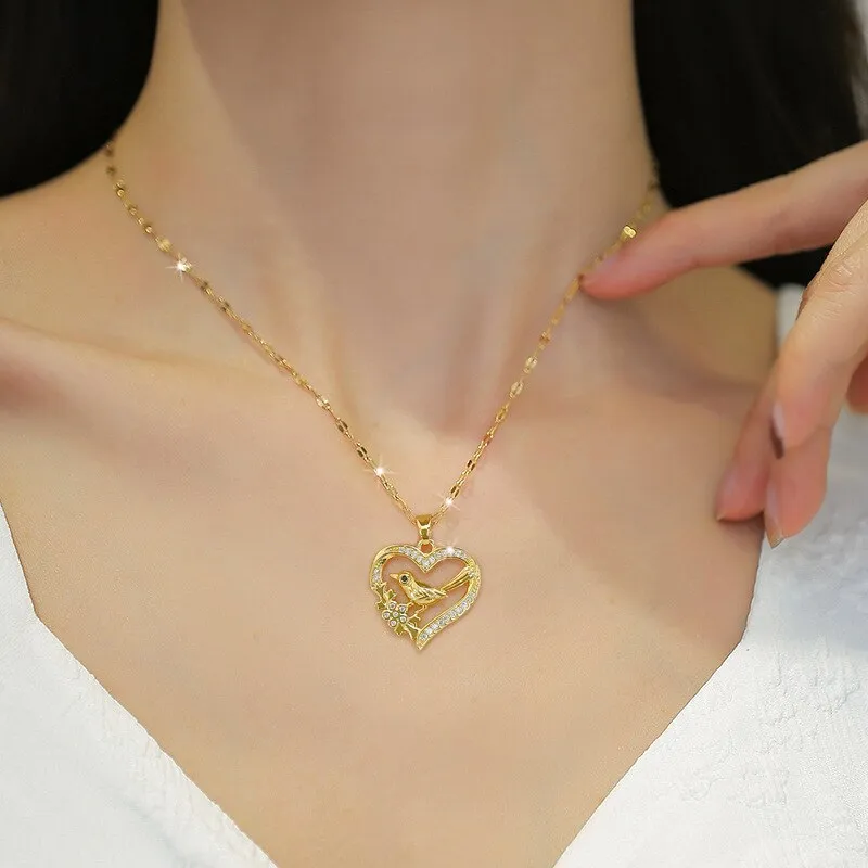 Gold Color Hollow Heart Birdie Animal Pendant Necklace Temperament For Women