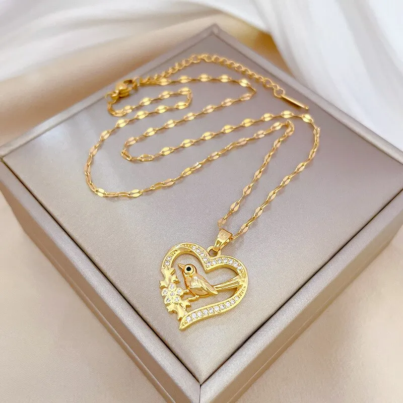 Gold Color Hollow Heart Birdie Animal Pendant Necklace Temperament For Women