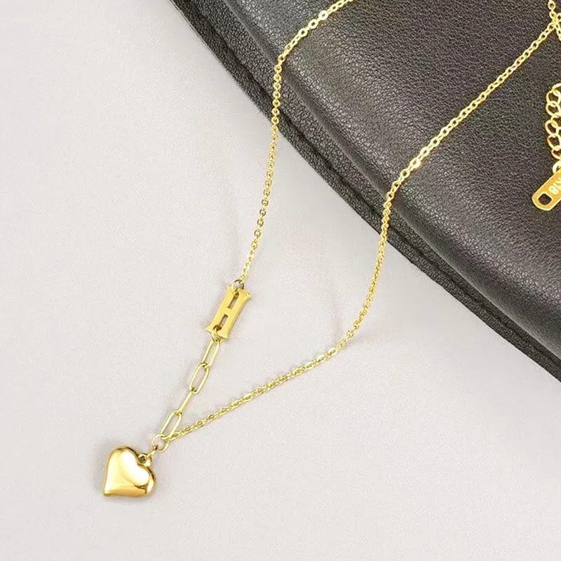 Gold Color Lover Retro Love Heart Charm Chain Necklace pendant for women