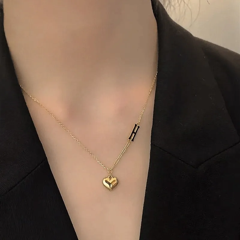 Gold Color Lover Retro Love Heart Charm Chain Necklace pendant for women