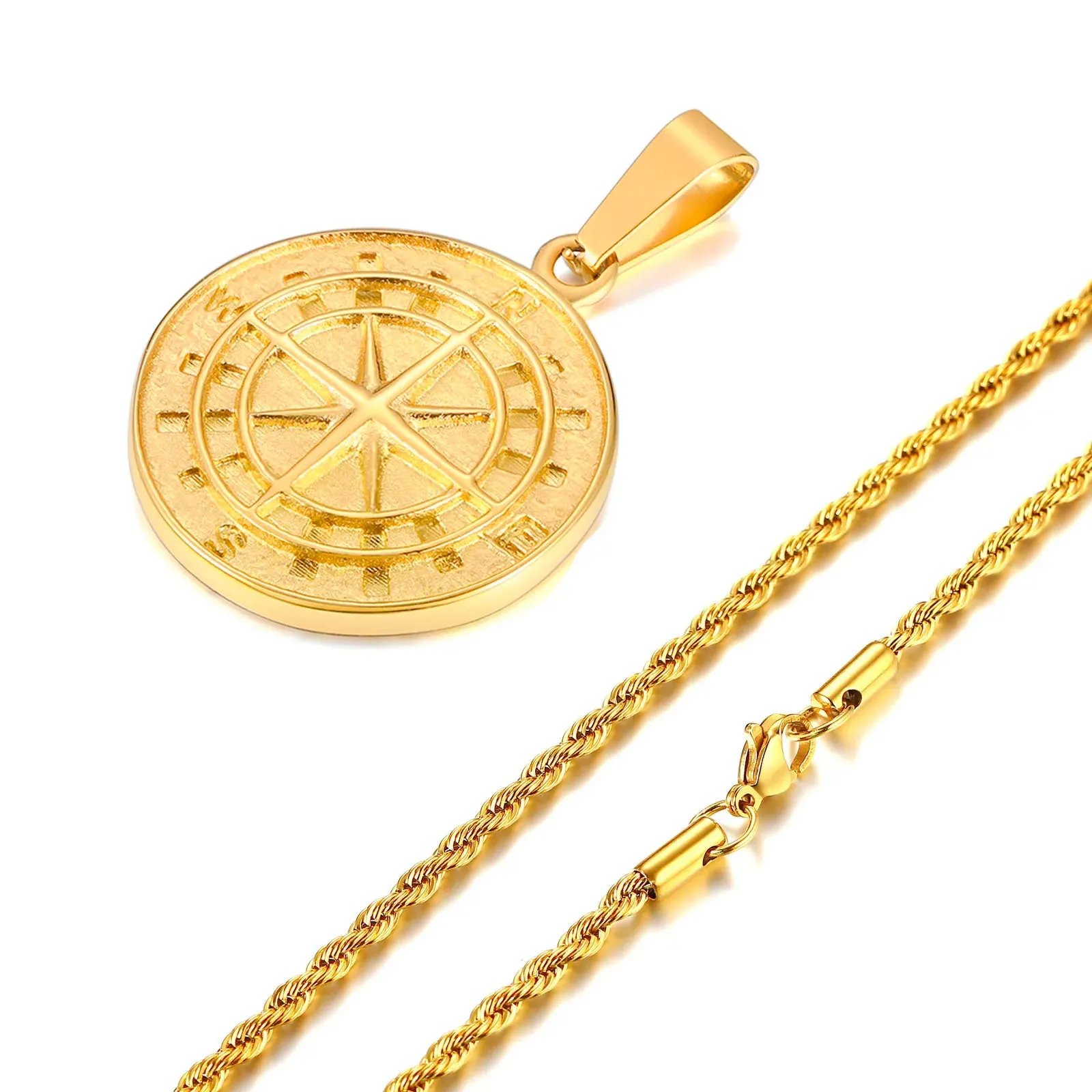 Gold Color Mens Compass Necklaces