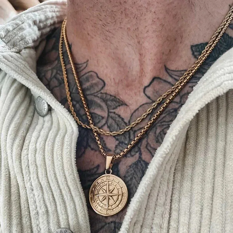 Gold Color Mens Compass Necklaces