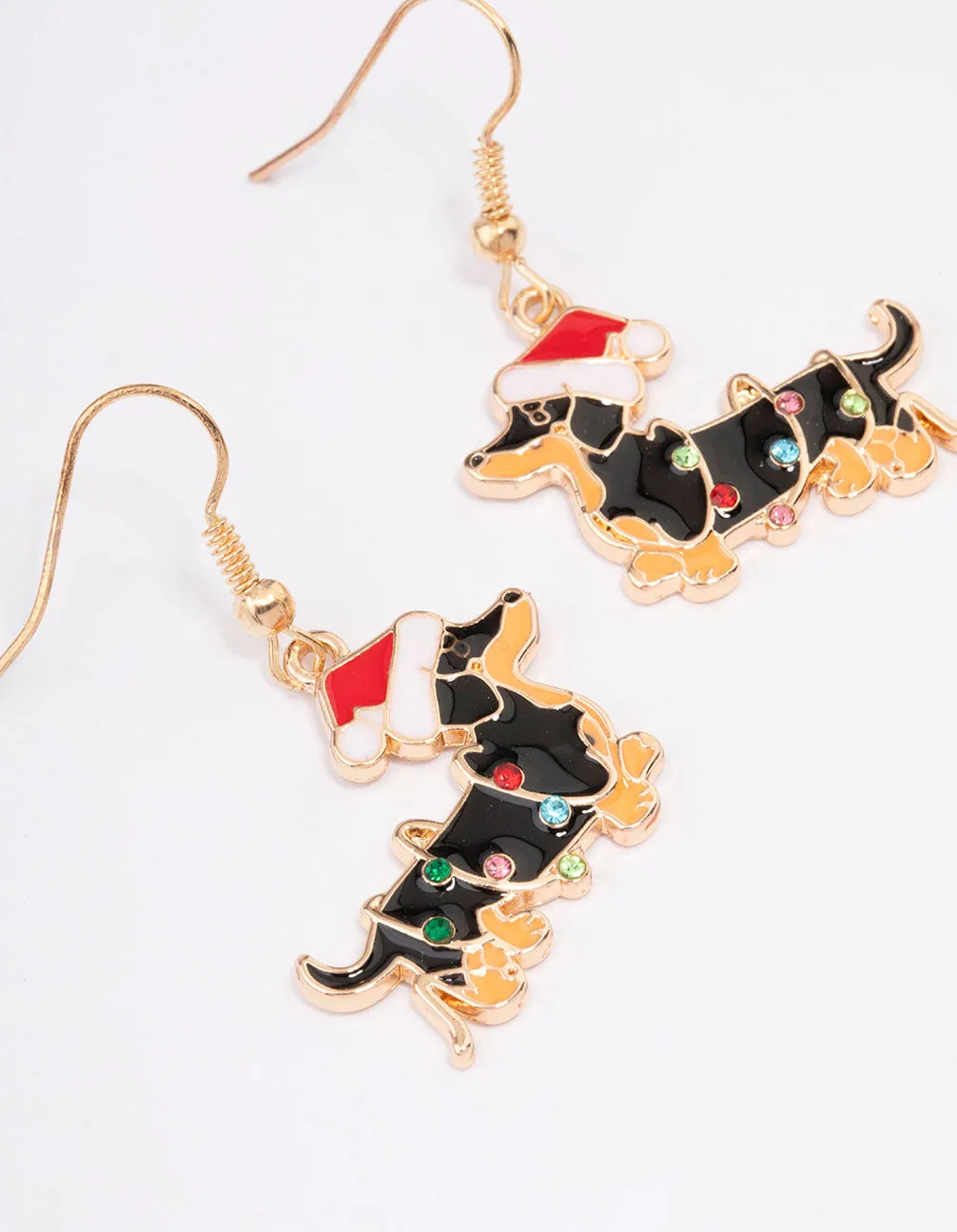 Gold Dachshund Christmas Drop Earrings