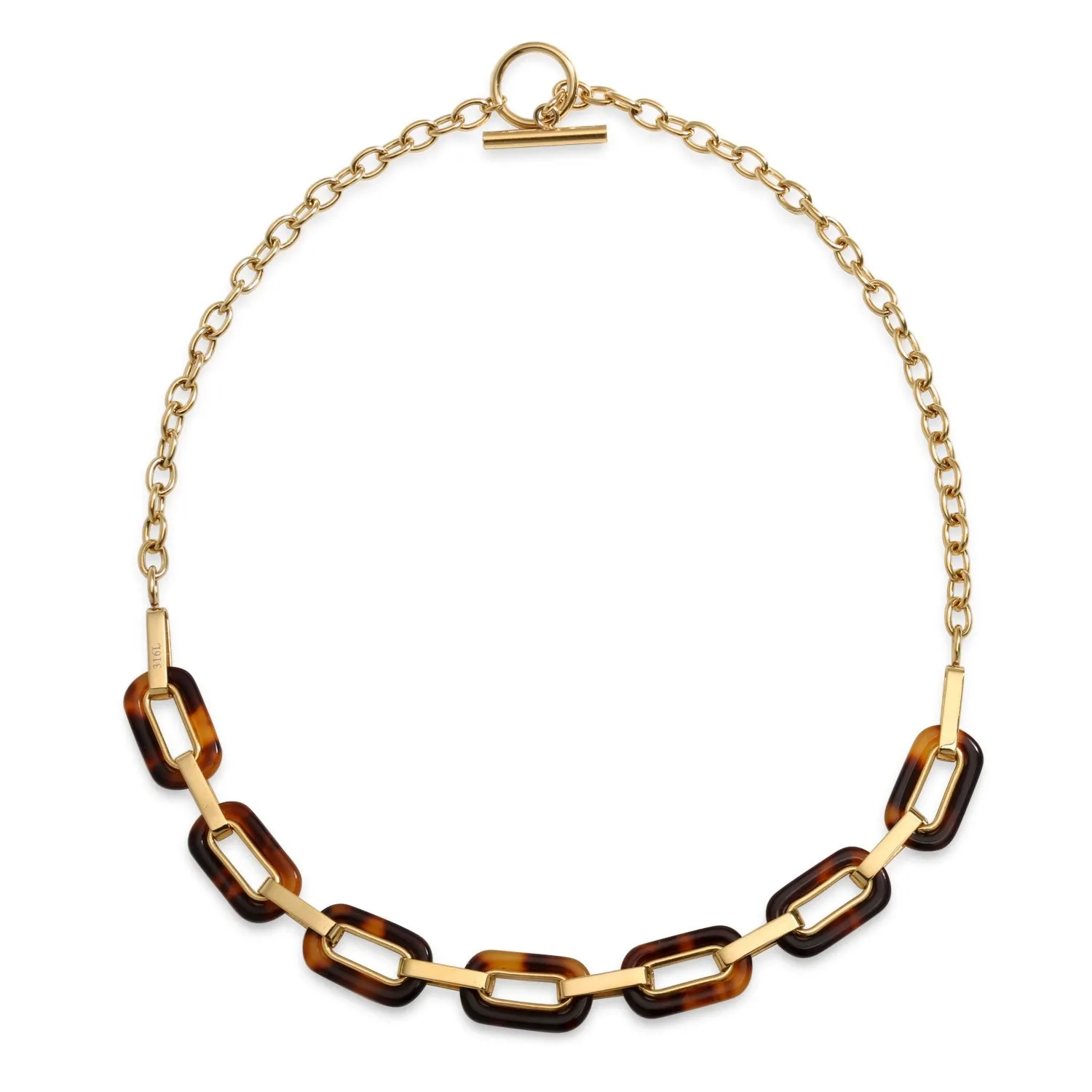 Golden Brown Oval Link Faux Tortoise Shell Collar Necklace 14K Gold Plated Chain
