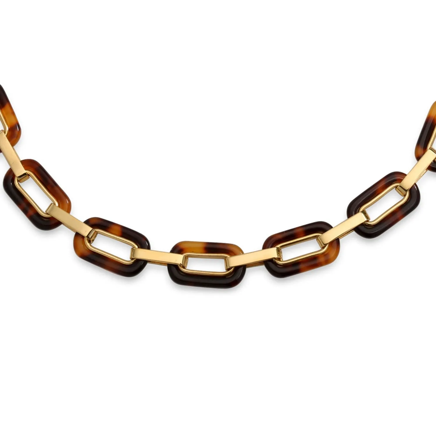 Golden Brown Oval Link Faux Tortoise Shell Collar Necklace 14K Gold Plated Chain