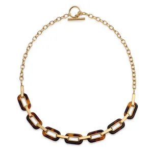 Golden Brown Oval Link Faux Tortoise Shell Collar Necklace 14K Gold Plated Chain