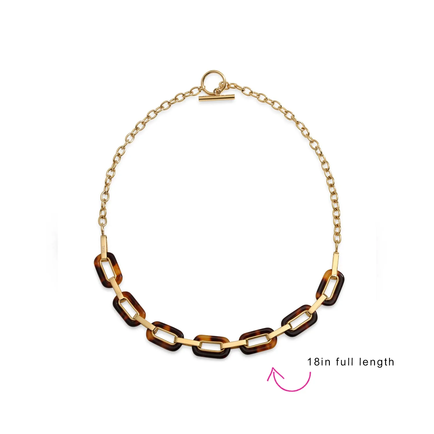 Golden Brown Oval Link Faux Tortoise Shell Collar Necklace 14K Gold Plated Chain