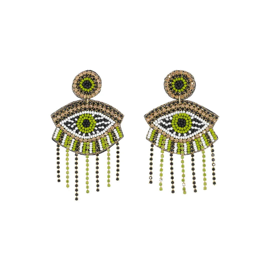 Green & White Beaded Eye Statement Earrings