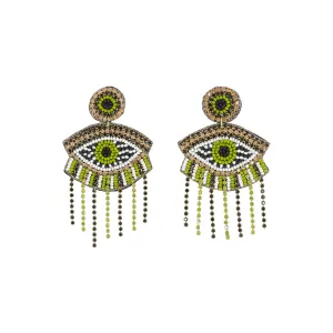 Green & White Beaded Eye Statement Earrings