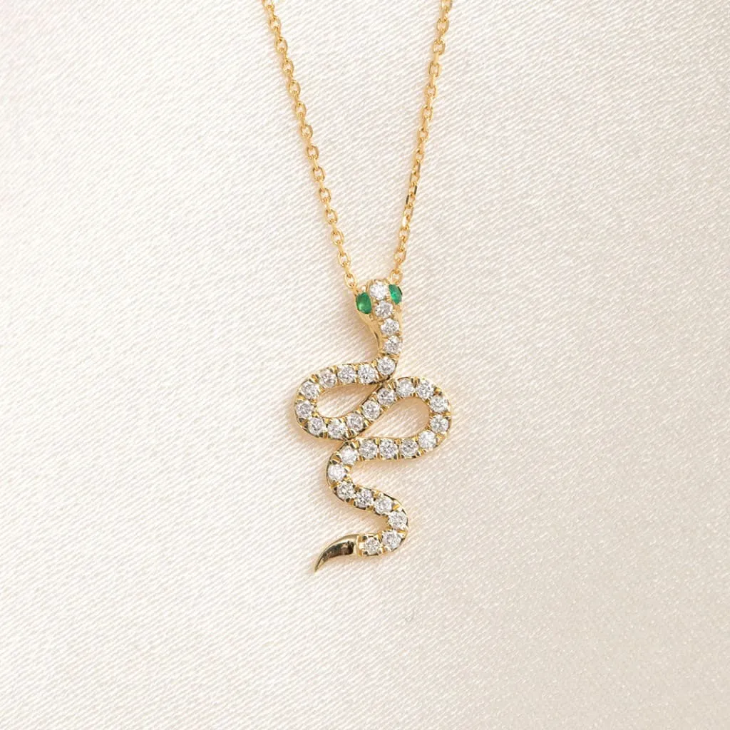 Green Eyed Snake Diamond Necklace | 9ct Gold