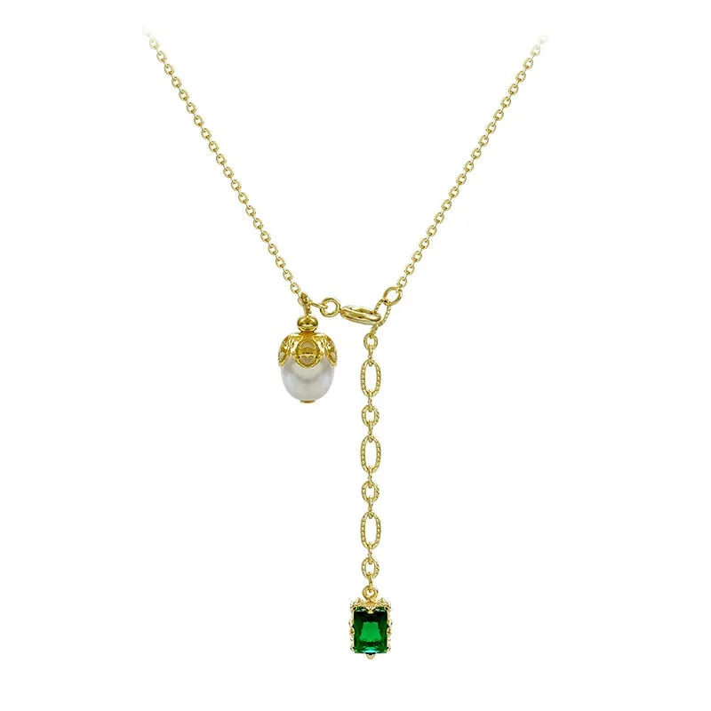 Green Pearl Pendant Necklace Delicate Elegant Clavicle Geometric Simple Neck Chain